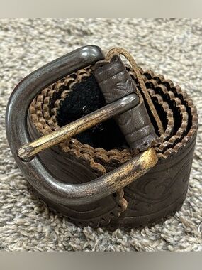 Express Vintage Leather Belt XS Brown Scalloped Embossed Boho